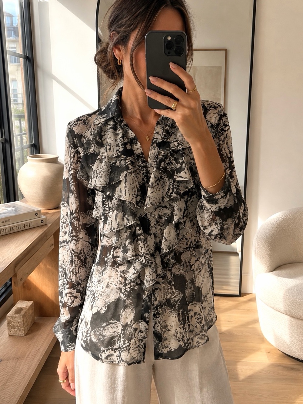 cabi Sheer Floral Ruffle Button Down Blouse Black Cream Size M